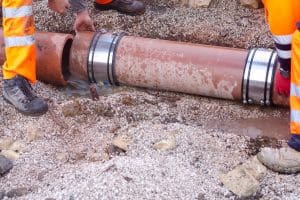 A group of construction workers working on a sewer pipe.